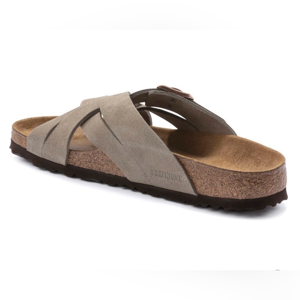 NWT Birkenstock Lugano Soft Footbed Suede Leather Taupe Sandals Men’s Sz 44/11 - Picture 4 of 10